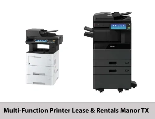 Two multi-function printers, leasing advertisement.